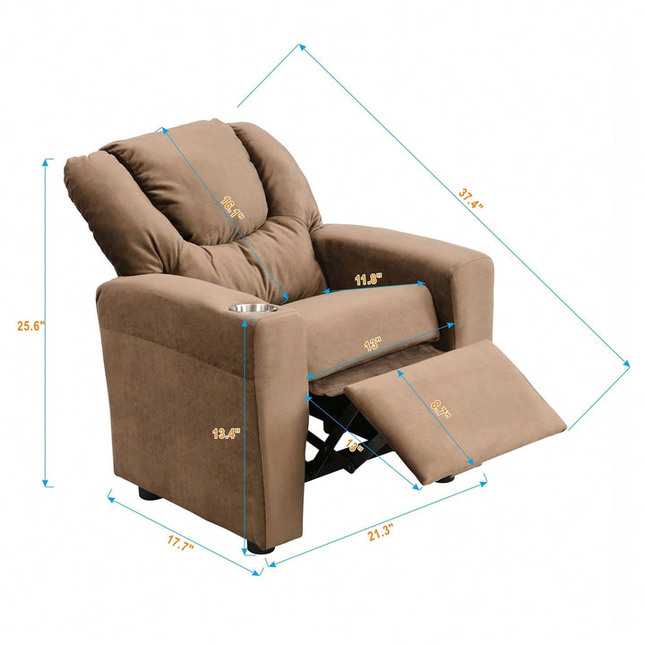 Kids Recliner Chair, Kids Upholstered Couch With One Cup Holder, Footrest, Backrest, Toddlers Velvet Recliner With Image 4