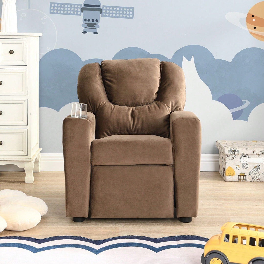 Kids Recliner Chair, Kids Upholstered Couch With One Cup Holder, Footrest, Backrest, Toddlers Velvet Recliner With Image 6