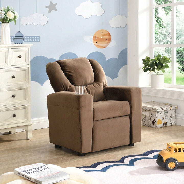 Kids Recliner Chair, Kids Upholstered Couch With One Cup Holder, Footrest, Backrest, Toddlers Velvet Recliner With Image 7