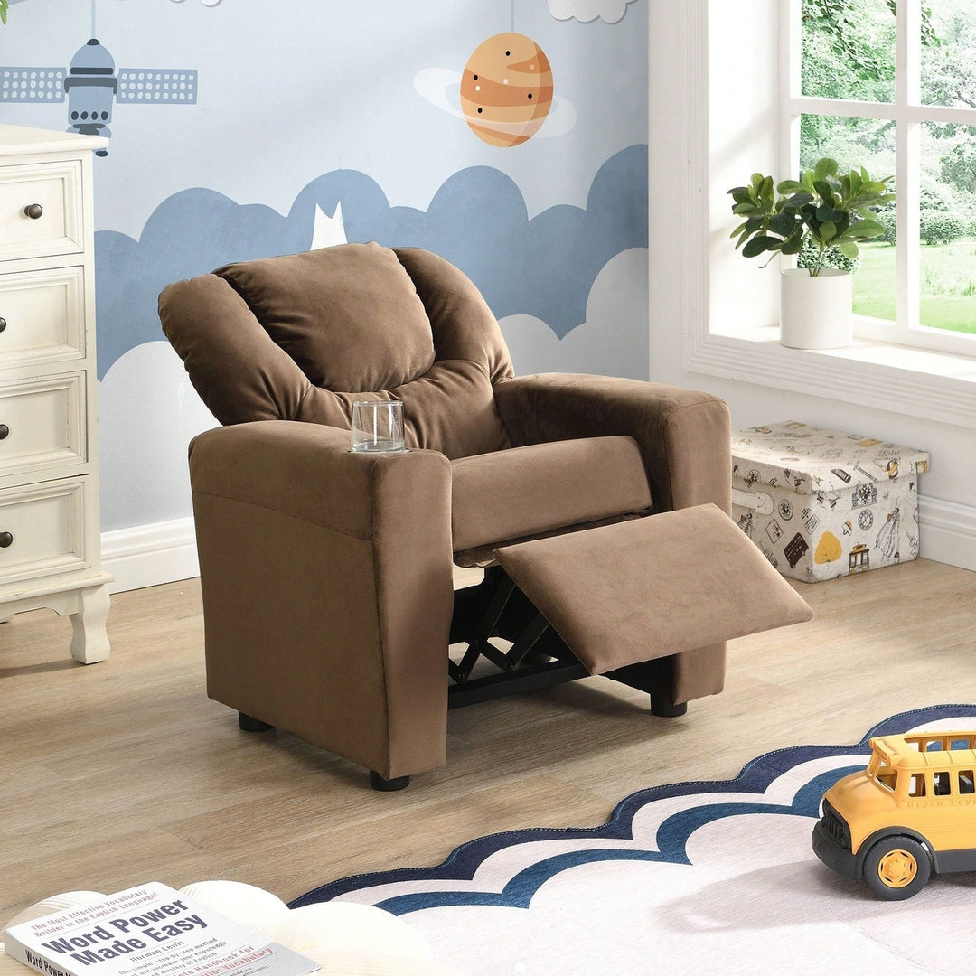 Kids Recliner Chair, Kids Upholstered Couch With One Cup Holder, Footrest, Backrest, Toddlers Velvet Recliner With Image 8