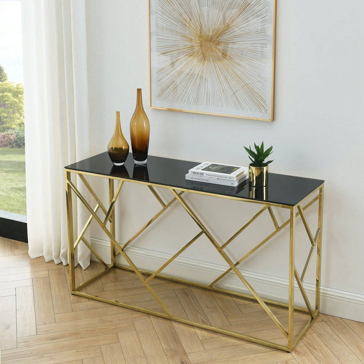 Gold Sofa Table With Sturdy Metal Frame And Black Tempered Glass Top, For Living Room Entryway Bedroom Image 1