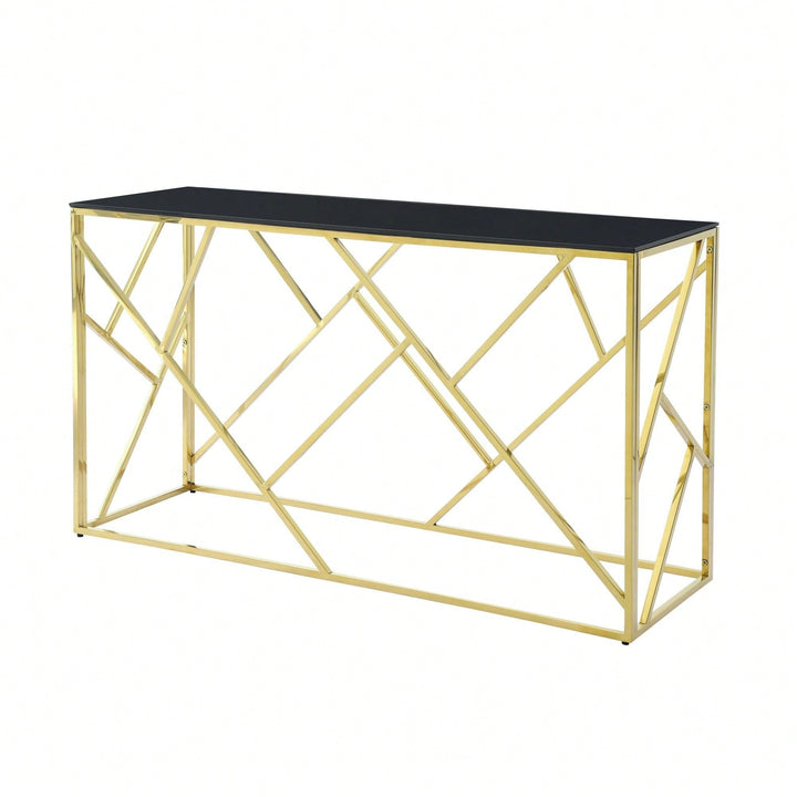 Gold Sofa Table With Sturdy Metal Frame And Black Tempered Glass Top, For Living Room Entryway Bedroom Image 3