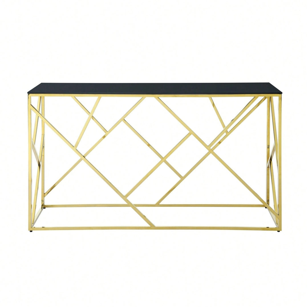 Gold Sofa Table With Sturdy Metal Frame And Black Tempered Glass Top, For Living Room Entryway Bedroom Image 6