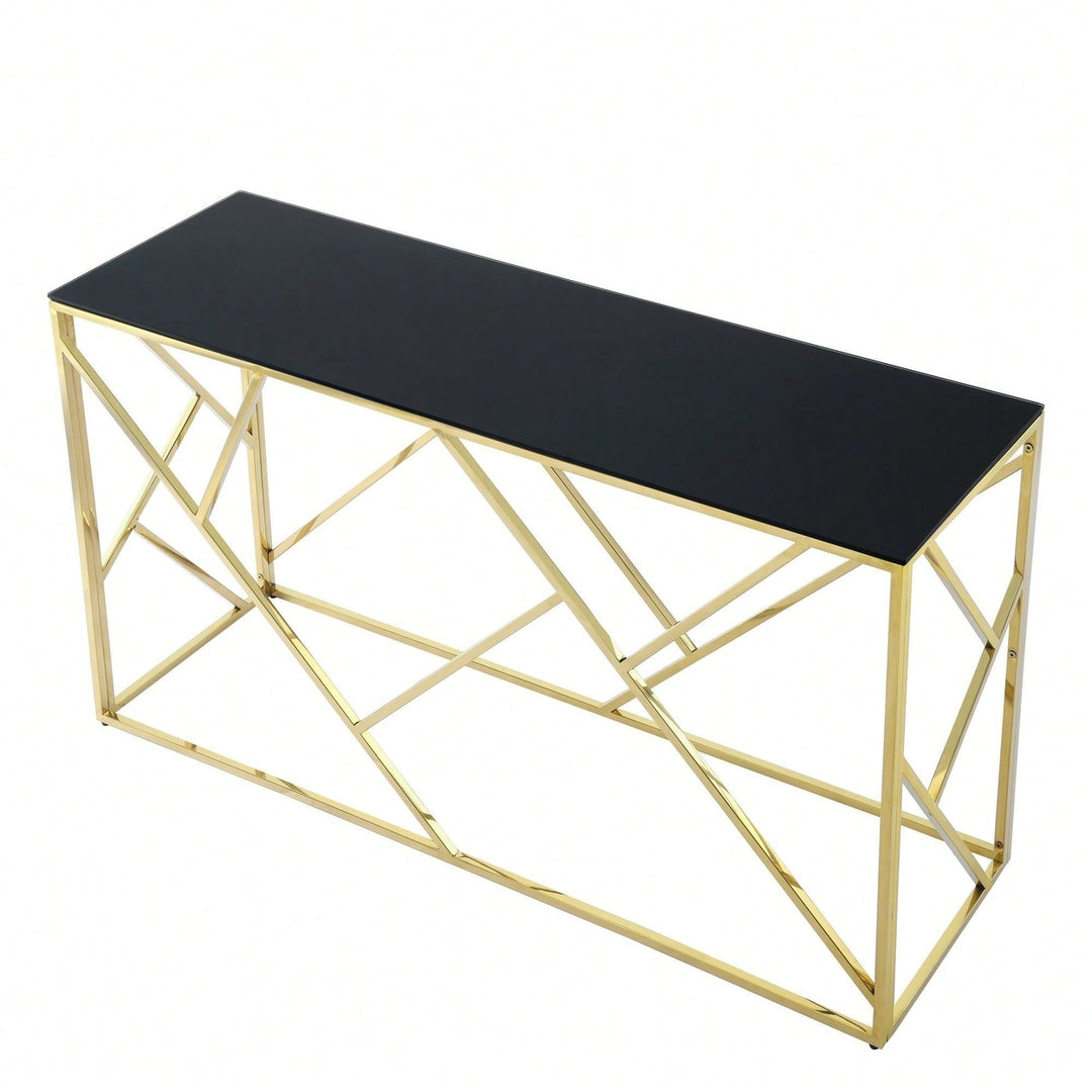 Gold Sofa Table With Sturdy Metal Frame And Black Tempered Glass Top, For Living Room Entryway Bedroom Image 7