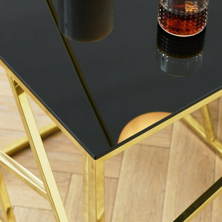 Gold Sofa Table With Sturdy Metal Frame And Black Tempered Glass Top, For Living Room Entryway Bedroom Image 8