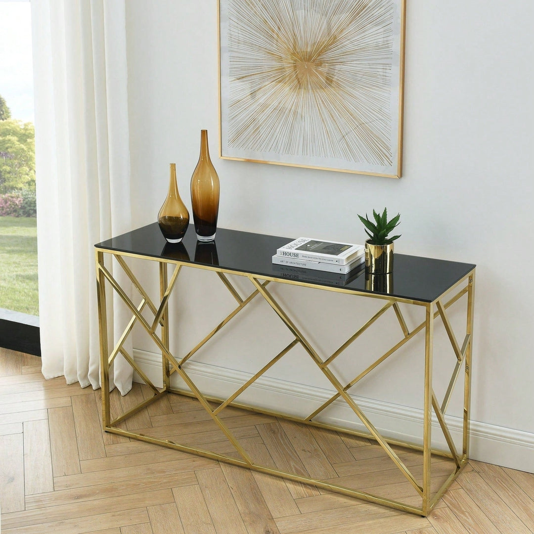 Gold Sofa Table With Sturdy Metal Frame And Black Tempered Glass Top, For Living Room Entryway Bedroom Image 9