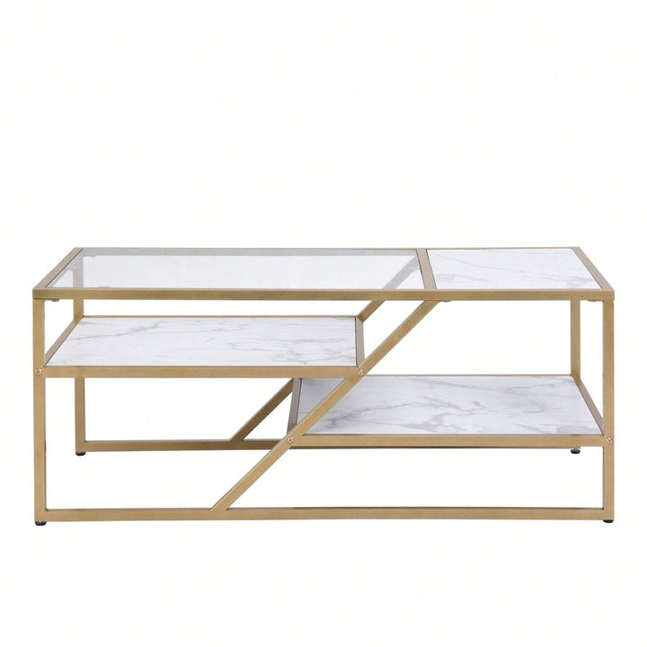 Golden Coffee Table With Storage Shelf, Tempered Glass Coffee Table With Metal Frame For Living Room and Bedroom Image 1