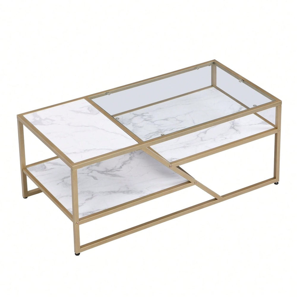 Golden Coffee Table With Storage Shelf, Tempered Glass Coffee Table With Metal Frame For Living Room and Bedroom Image 2