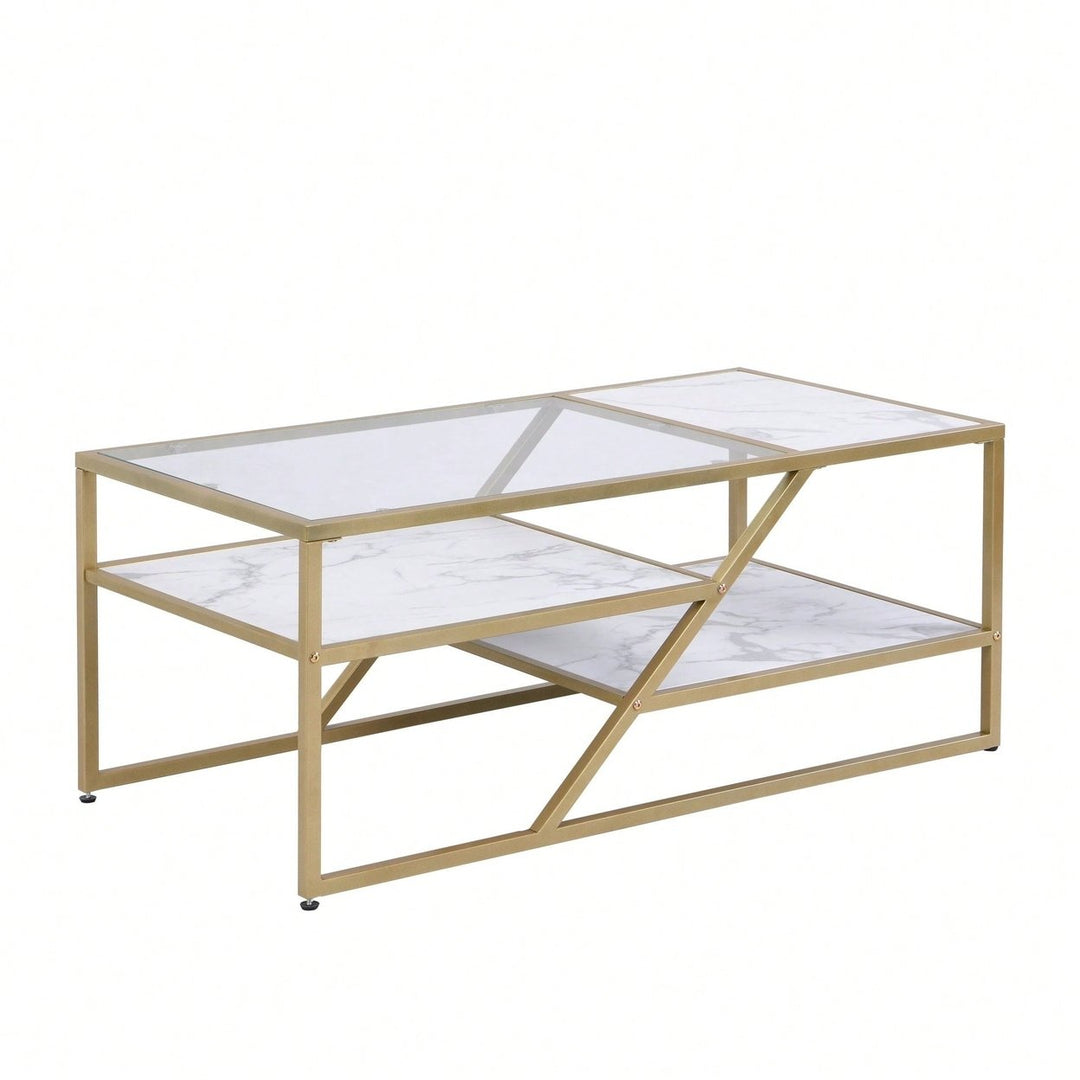 Golden Coffee Table With Storage Shelf, Tempered Glass Coffee Table With Metal Frame For Living Room and Bedroom Image 3