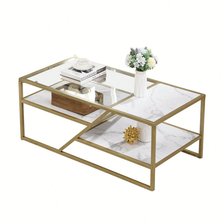 Golden Coffee Table With Storage Shelf, Tempered Glass Coffee Table With Metal Frame For Living Room and Bedroom Image 6