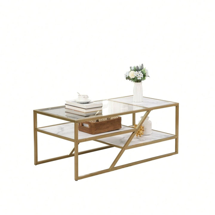 Golden Coffee Table With Storage Shelf, Tempered Glass Coffee Table With Metal Frame For Living Room and Bedroom Image 7