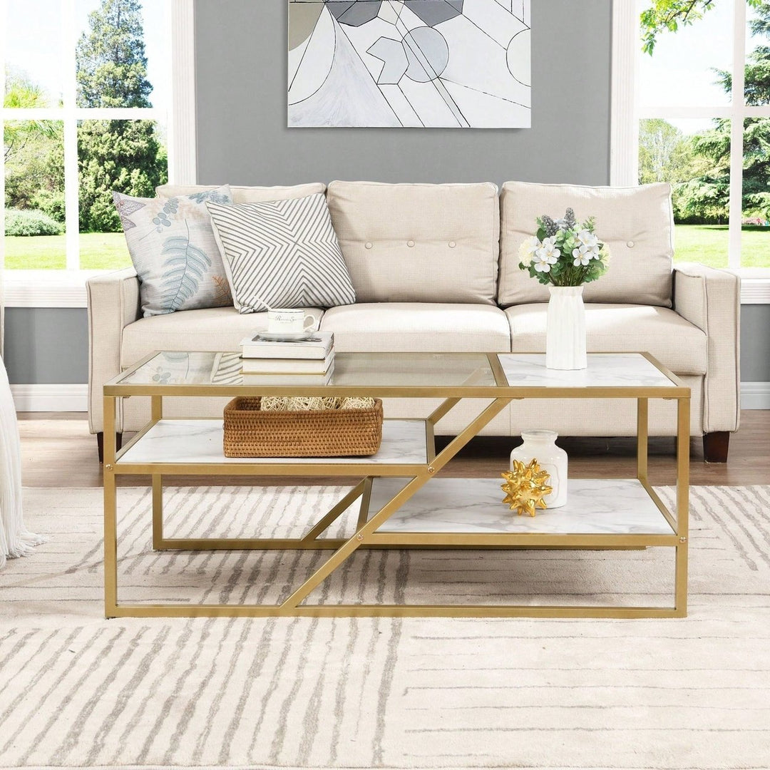 Golden Coffee Table With Storage Shelf, Tempered Glass Coffee Table With Metal Frame For Living Room and Bedroom Image 8