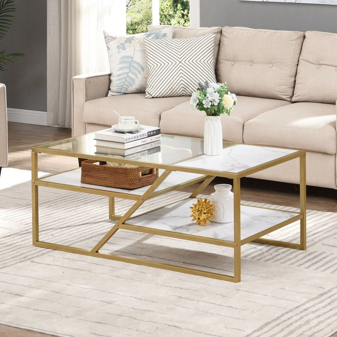 Golden Coffee Table With Storage Shelf, Tempered Glass Coffee Table With Metal Frame For Living Room and Bedroom Image 10