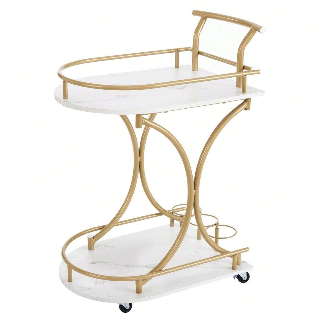 Golden Frame Two-Tier Bar Cart With Faux Marble Panels And Wine Bottle Loops Image 1