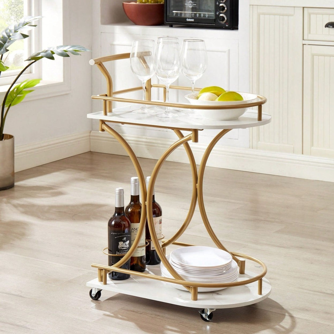 Golden Frame Two-Tier Bar Cart With Faux Marble Panels And Wine Bottle Loops Image 2