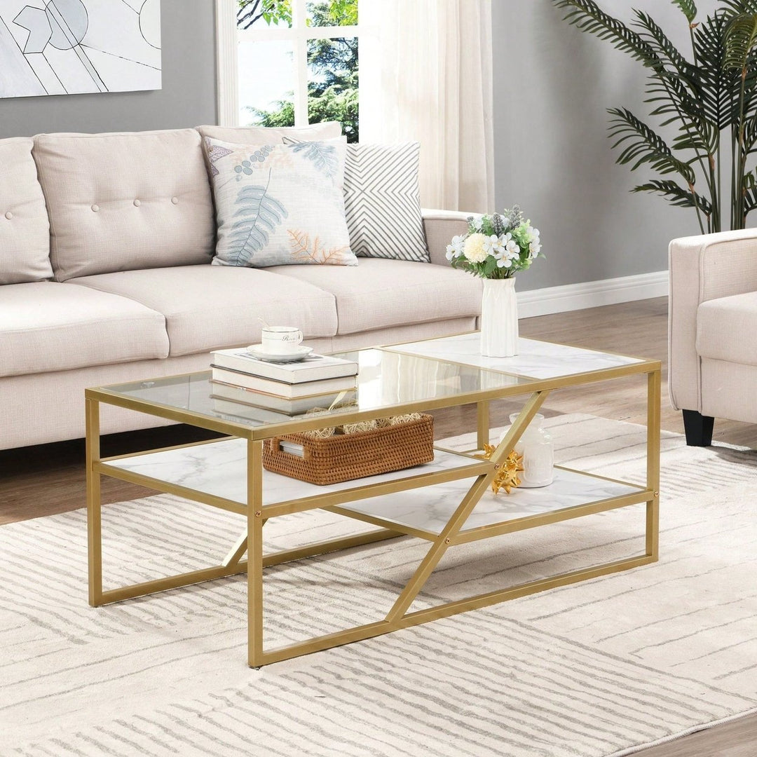 Golden Coffee Table With Storage Shelf, Tempered Glass Coffee Table With Metal Frame For Living Room and Bedroom Image 11