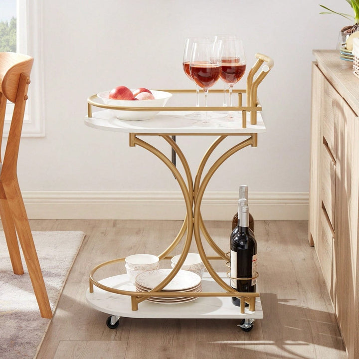 Golden Frame Two-Tier Bar Cart With Faux Marble Panels And Wine Bottle Loops Image 3