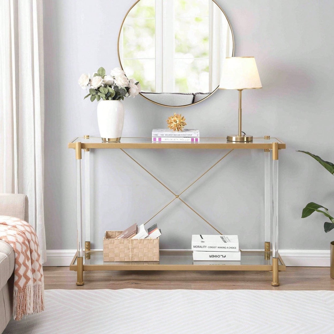 Golden Glass Sofa Table, Acrylic Side Table, Console Table For Living Roomeand Bedroom Image 2