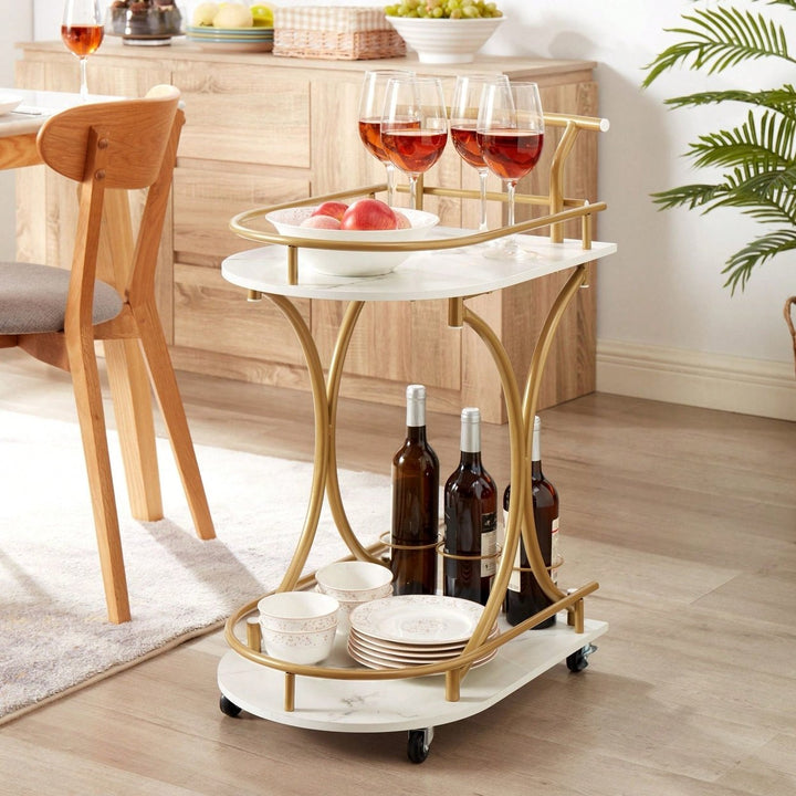 Golden Frame Two-Tier Bar Cart With Faux Marble Panels And Wine Bottle Loops Image 4