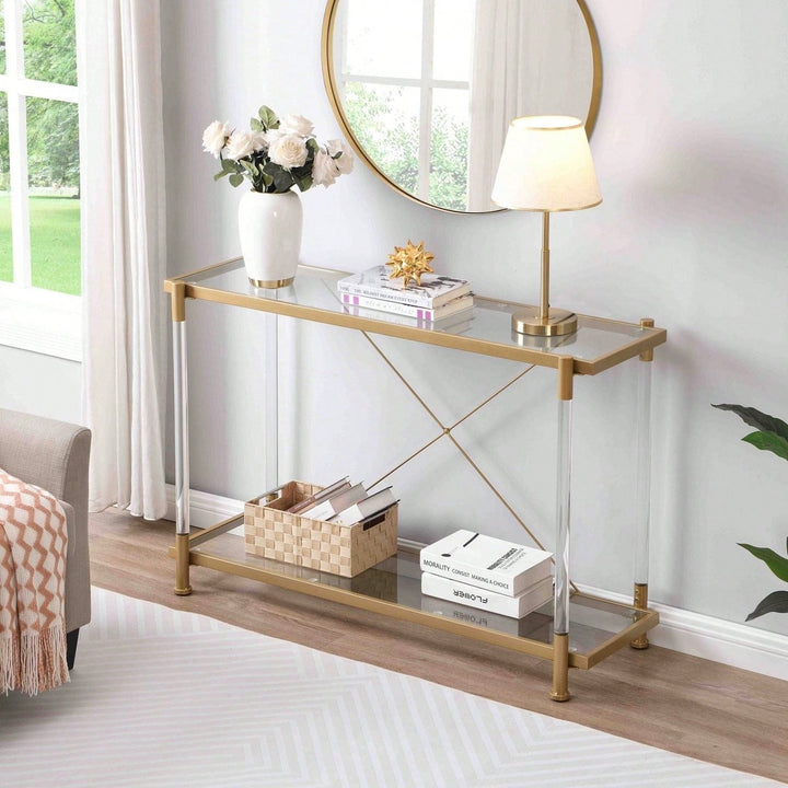 Golden Glass Sofa Table, Acrylic Side Table, Console Table For Living Roomeand Bedroom Image 3