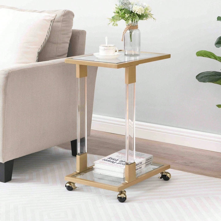 Golden Side Table, Acrylic Sofa Table, Glass Top C Shape Square Table With Metal Base For Living Room, Bedroom, Balcony Image 1