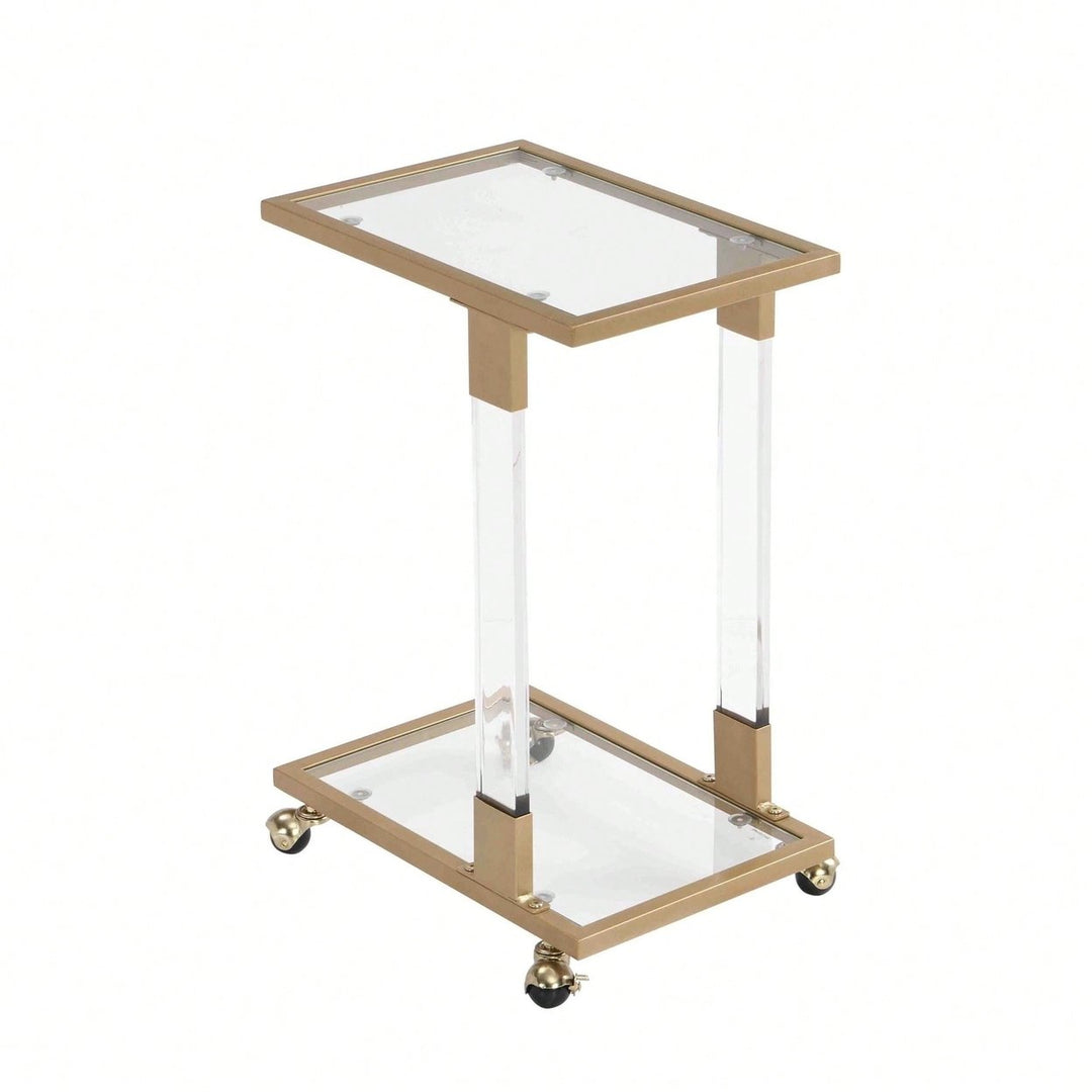 Golden Side Table, Acrylic Sofa Table, Glass Top C Shape Square Table With Metal Base For Living Room, Bedroom, Balcony Image 4