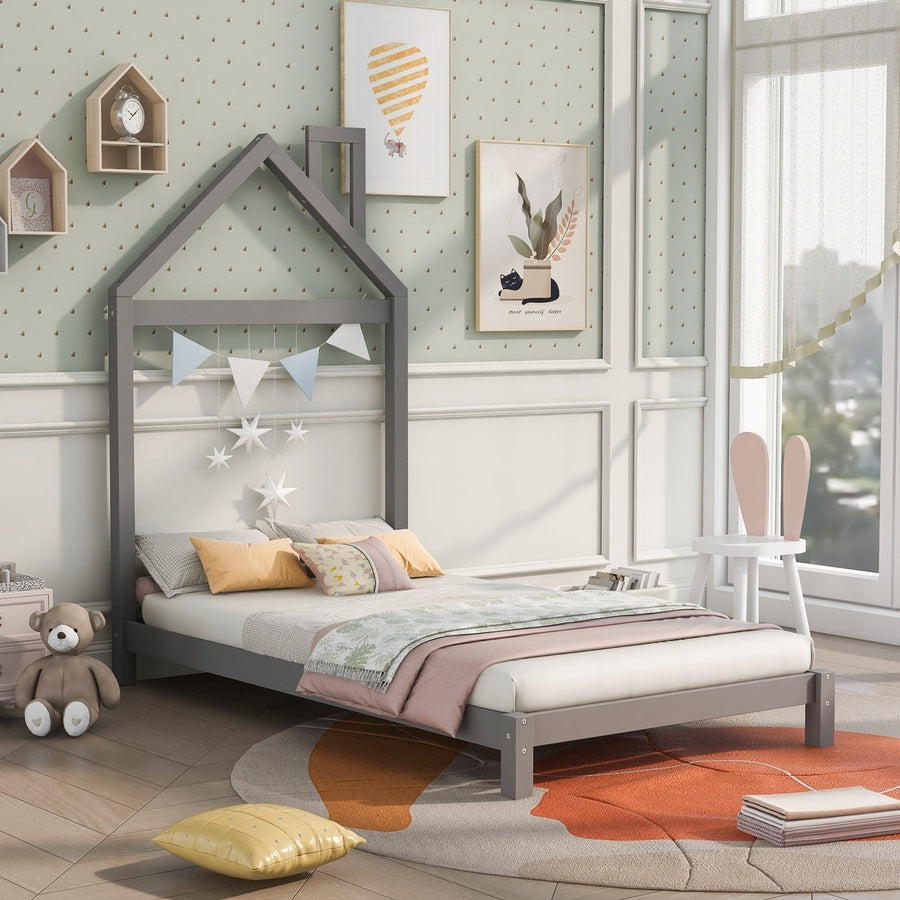 Gray Twin Size Wood Platform Bed with House-Shaped Headboard - Stylish, Space-Saving Design for Kids and Teens Image 1