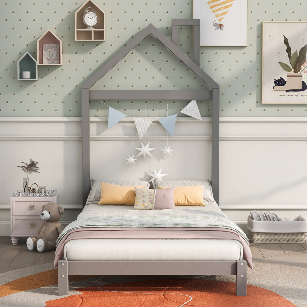 Gray Twin Size Wood Platform Bed with House-Shaped Headboard - Stylish, Space-Saving Design for Kids and Teens Image 2