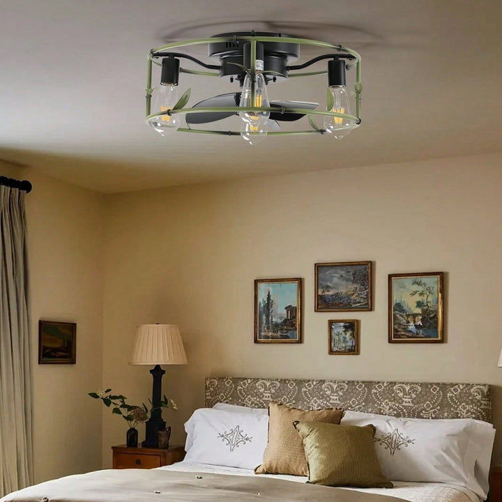 Green Caged Flush Mount Ceiling Fan with Lights and Remote for Modern Farmhouse Living Room Bedroom Kitchen Image 3