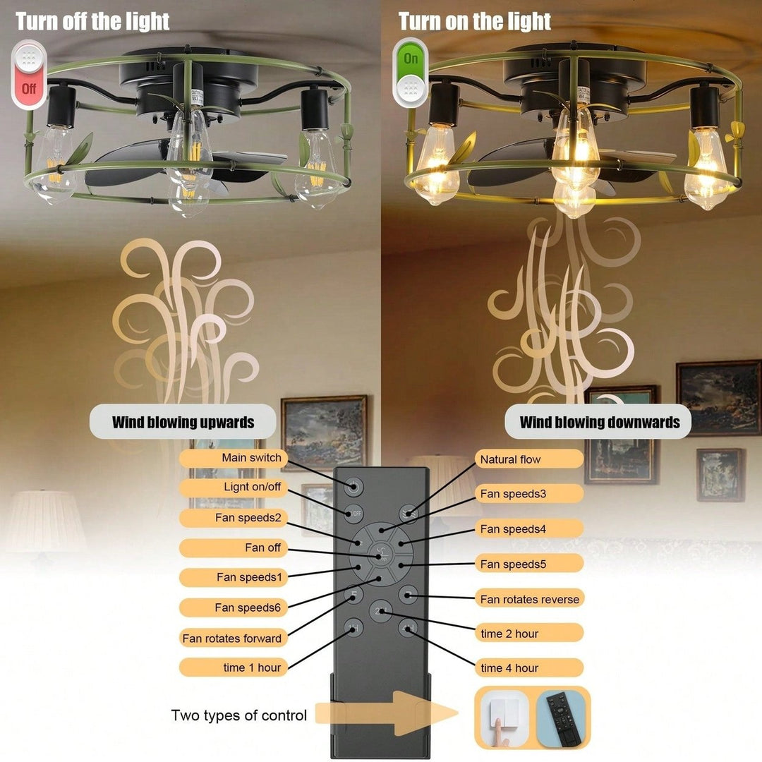 Green Caged Flush Mount Ceiling Fan with Lights and Remote for Modern Farmhouse Living Room Bedroom Kitchen Image 7