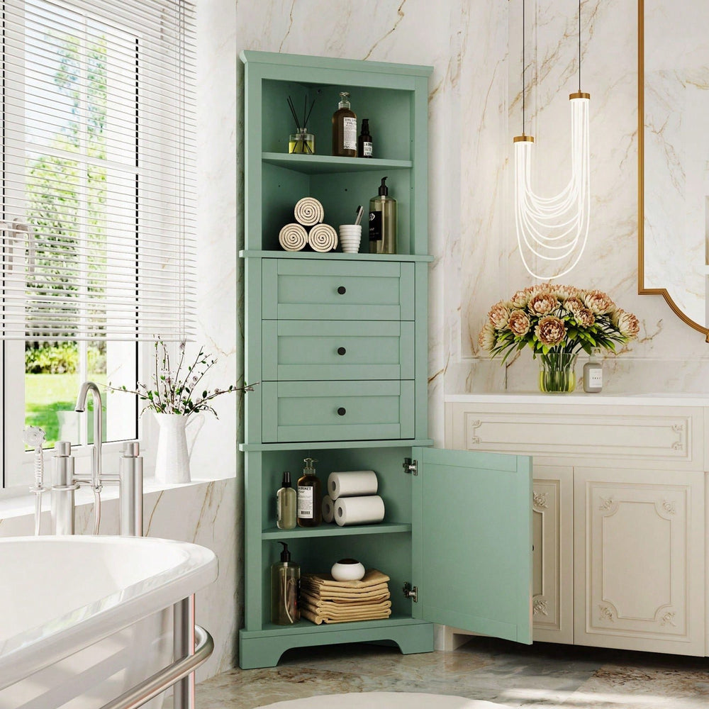 Green Tall Corner Storage Cabinet with Adjustable Shelves and Drawers for Bathroom Kitchen or Living Room Image 2