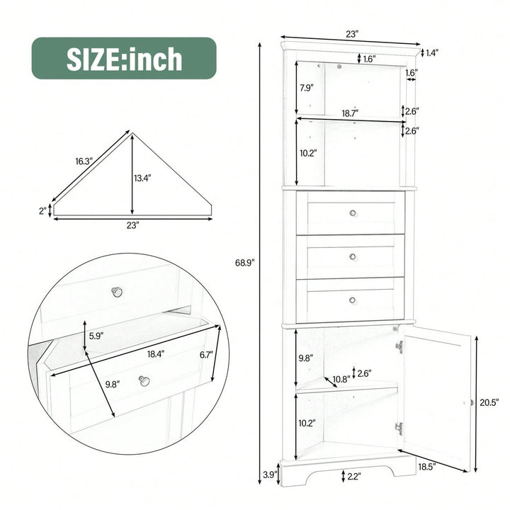 Green Tall Corner Storage Cabinet with Adjustable Shelves and Drawers for Bathroom Kitchen or Living Room Image 5