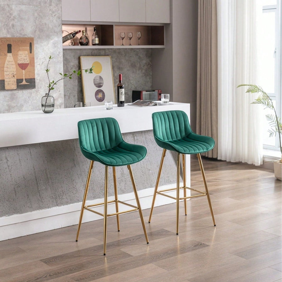 Green Velvet Bar Stools Set of 2 30 Inch Modern Counter Height Stools with Backrest and Footrest for Kitchen Island Image 1