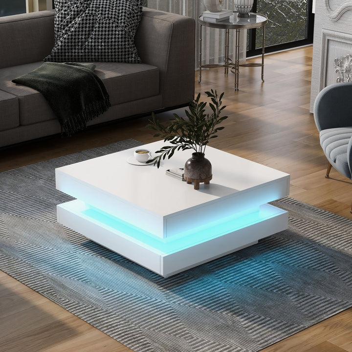 High Gloss Minimalist 2-Tier Square Coffee Table with LED Lights for Living Room, 31.5x31.5x14.2, White Image 1