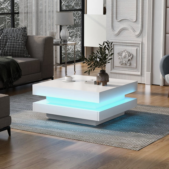 High Gloss Minimalist 2-Tier Square Coffee Table with LED Lights for Living Room, 31.5x31.5x14.2, White Image 2