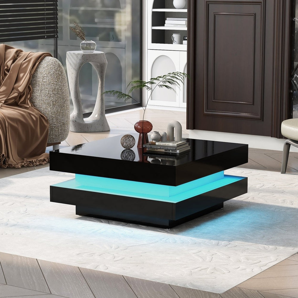 High Gloss Minimalist LED 2-Tier Square Coffee Table, Modern Center Table for Living Room, 31.5x31.5x14.2, Black Finish Image 2