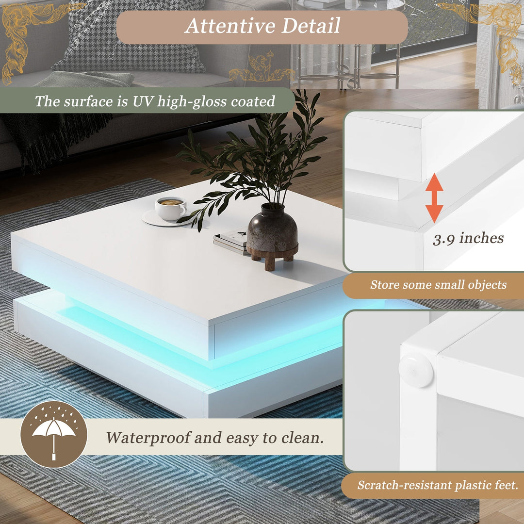 High Gloss Minimalist 2-Tier Square Coffee Table with LED Lights for Living Room, 31.5x31.5x14.2, White Image 4