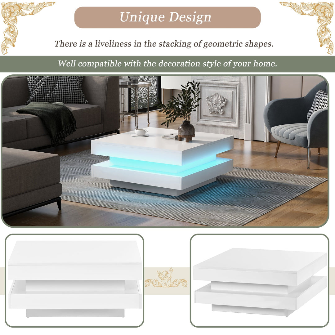 High Gloss Minimalist 2-Tier Square Coffee Table with LED Lights for Living Room, 31.5x31.5x14.2, White Image 7