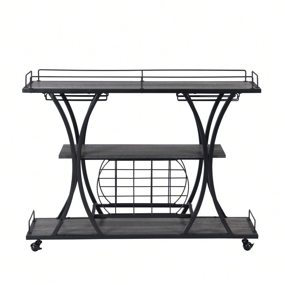 Industrial 3-Tier Rolling Bar Cart with Wine Rack and Glass Holder Heavy Duty Metal Kitchen Serving Cart on Wheels Image 1