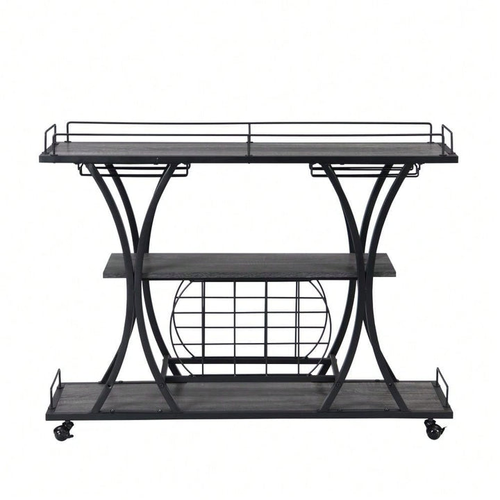 Industrial 3-Tier Rolling Bar Cart with Wine Rack and Glass Holder Heavy Duty Metal Kitchen Serving Cart on Wheels Image 1