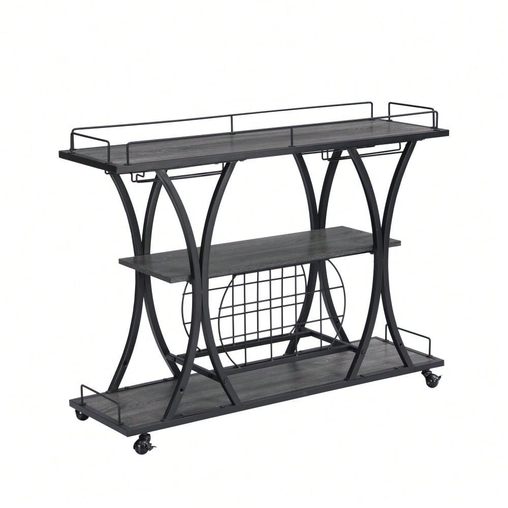 Industrial 3-Tier Rolling Bar Cart with Wine Rack and Glass Holder Heavy Duty Metal Kitchen Serving Cart on Wheels Image 2