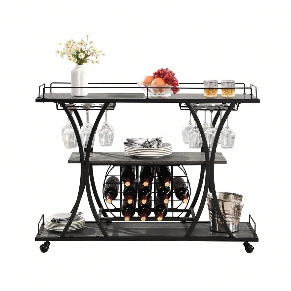 Industrial 3-Tier Rolling Bar Cart with Wine Rack and Glass Holder Heavy Duty Metal Kitchen Serving Cart on Wheels Image 3