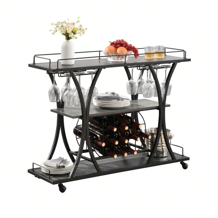 Industrial 3-Tier Rolling Bar Cart with Wine Rack and Glass Holder Heavy Duty Metal Kitchen Serving Cart on Wheels Image 4