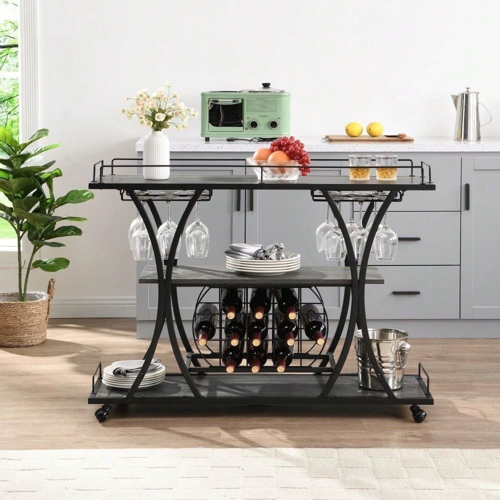 Industrial 3-Tier Rolling Bar Cart with Wine Rack and Glass Holder Heavy Duty Metal Kitchen Serving Cart on Wheels Image 5