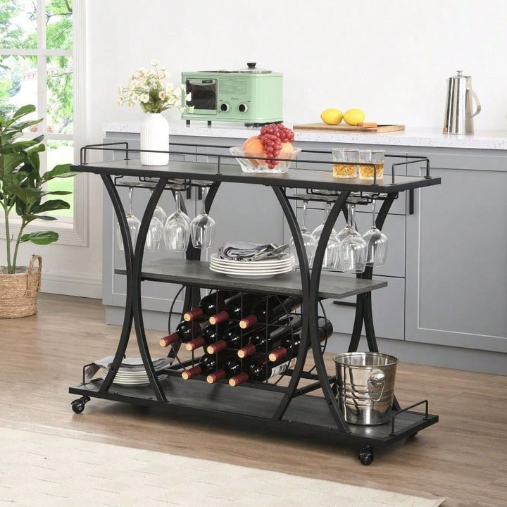 Industrial 3-Tier Rolling Bar Cart with Wine Rack and Glass Holder Heavy Duty Metal Kitchen Serving Cart on Wheels Image 6