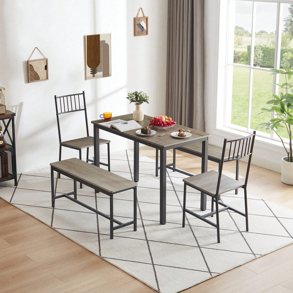 Industrial Dining Table Set with 2 Benches and 2 Chairs for Kitchen and Living Room Image 2