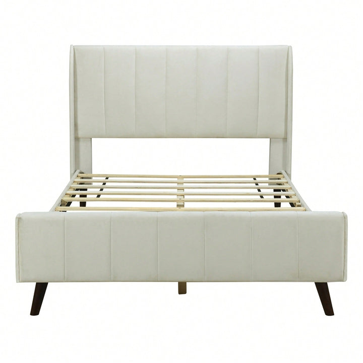 Luxurious Velvet Upholstered Full Size Platform Bed In Elegant Beige Image 1