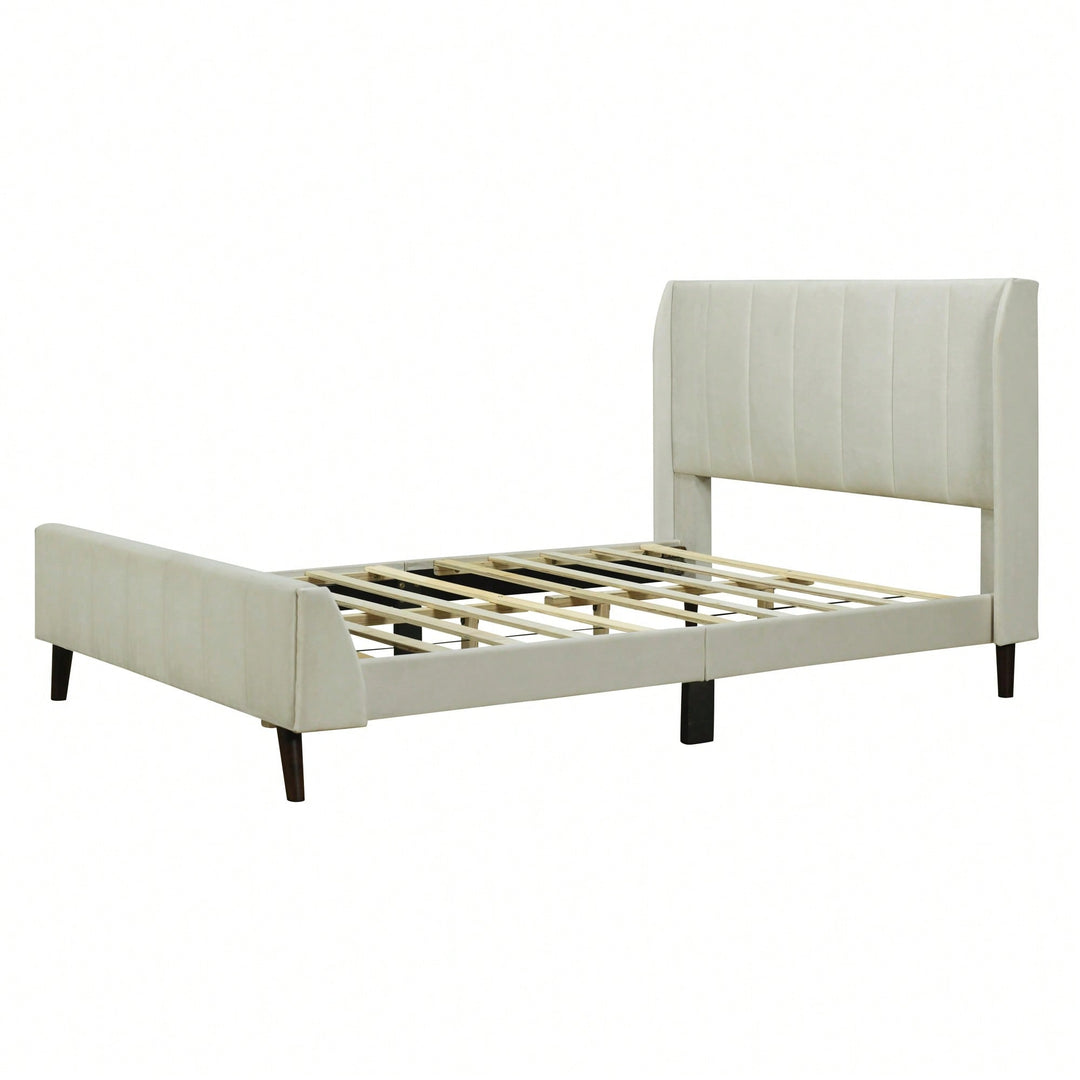 Luxurious Velvet Upholstered Full Size Platform Bed In Elegant Beige Image 3