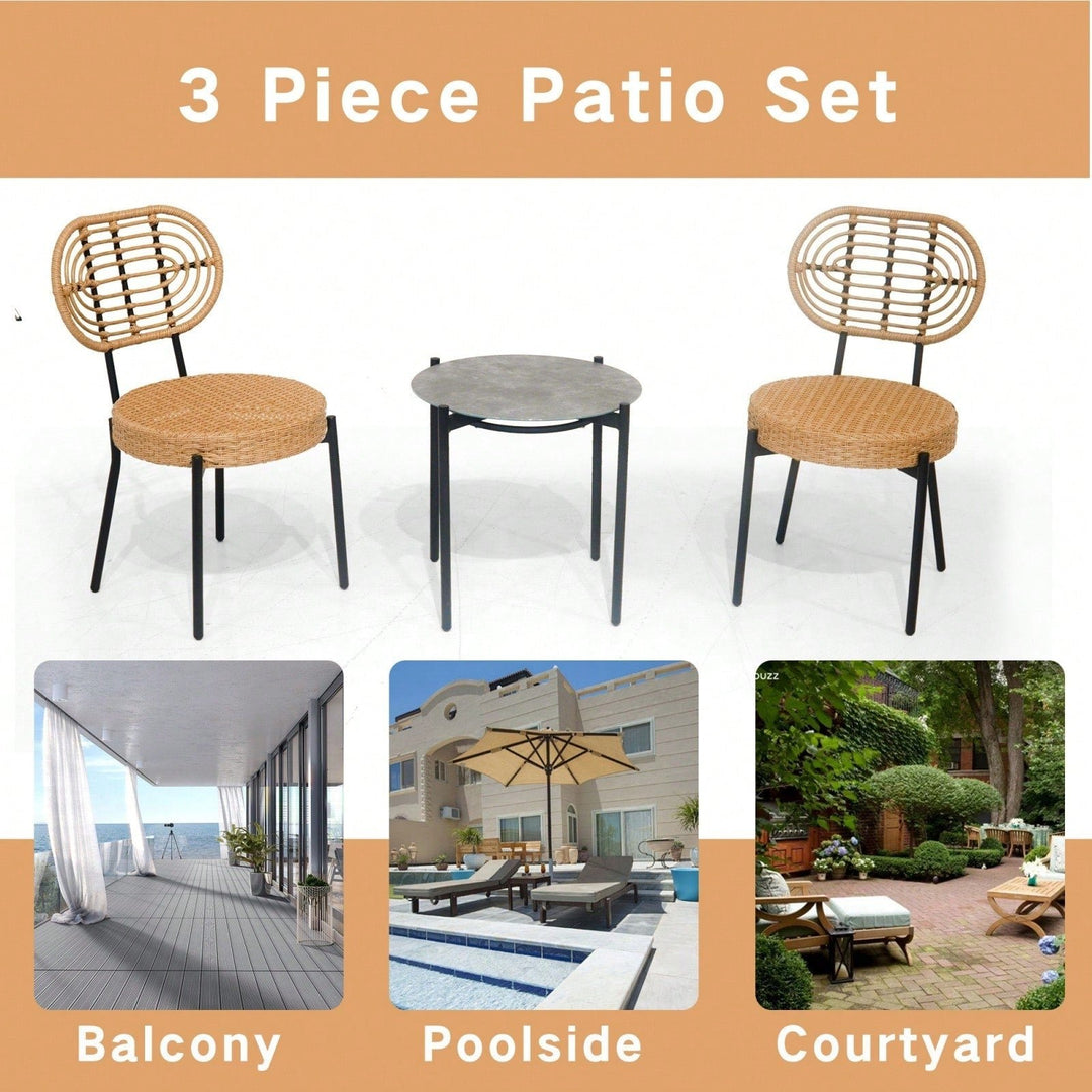 Luxury Outdoor Wicker Bistro Set 3 Pieces Weather-Resistant Patio Furniture Table and Chairs for Garden Terrace Backyard Image 3