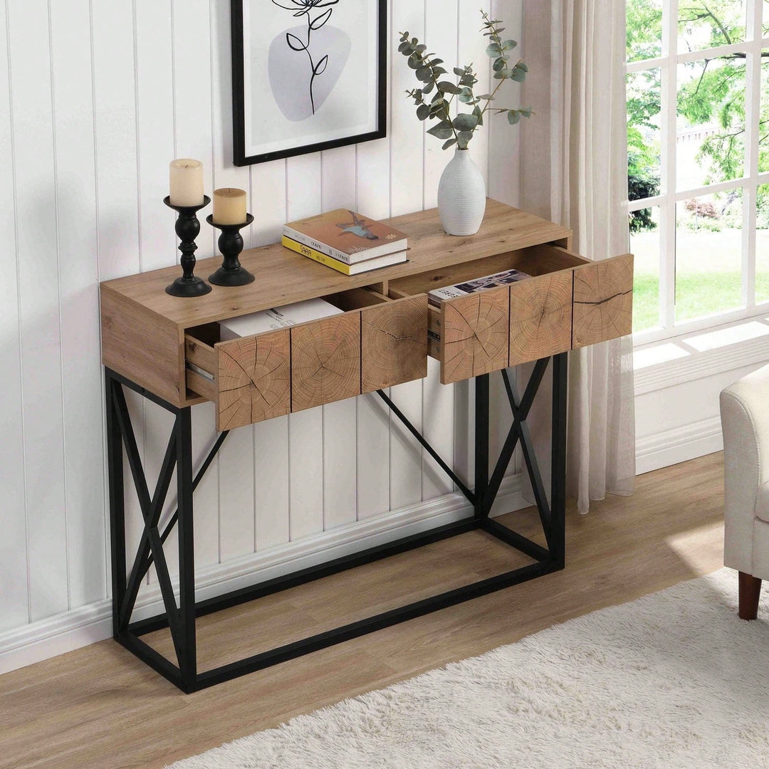 Luxury Wood Sofa Table, Industrial Console Table For Entryway, Hallway Tables With Two Drawers For Living Room Image 3